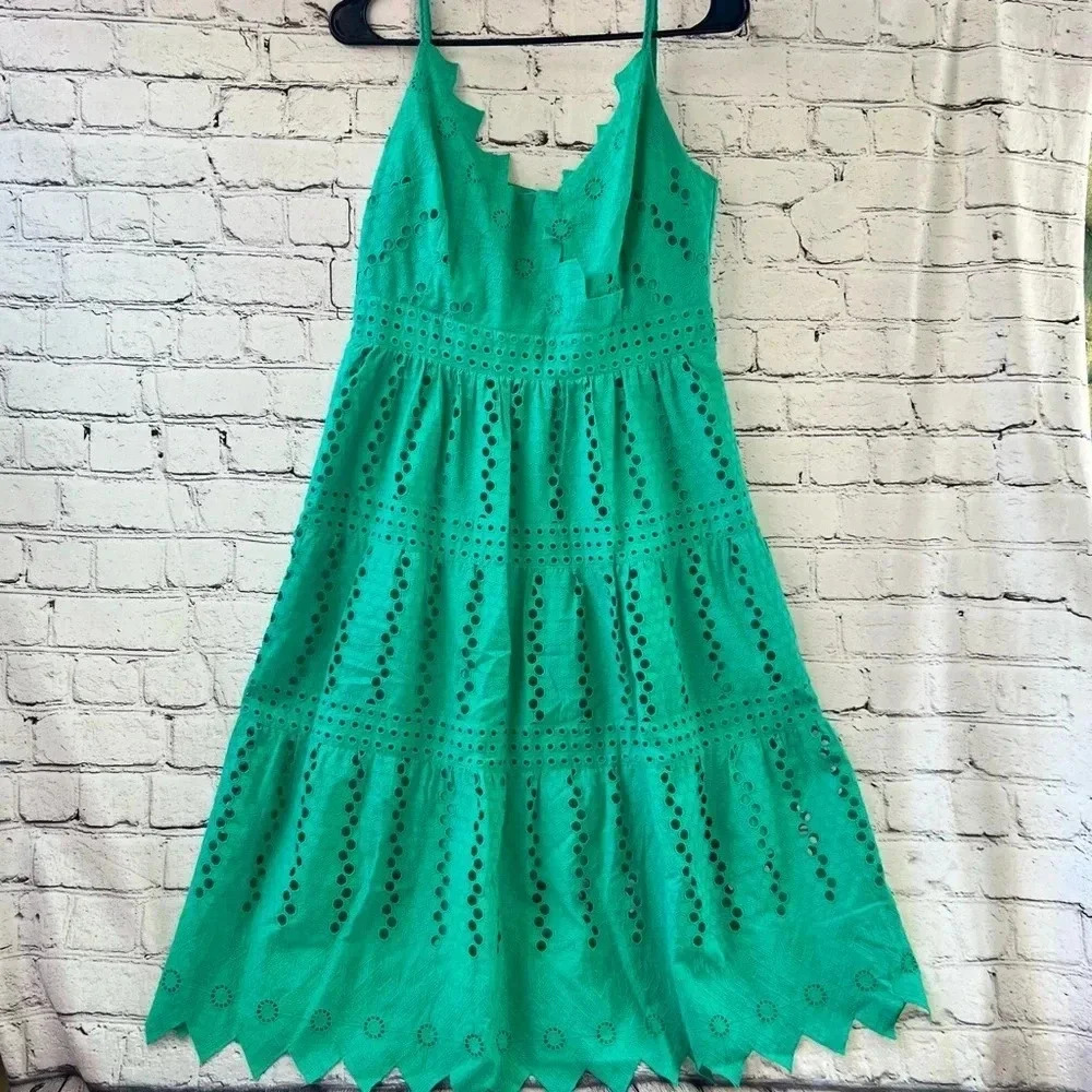 Kobi Halperin Green Eyelet Tiered Midi‎ Cotton Dress V-Neck Sleeveless Medium